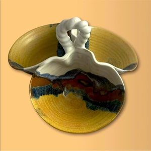Vintage Handmade Drip Glazed Pottery Divided Candy/Nut Dish with Handle. Signed